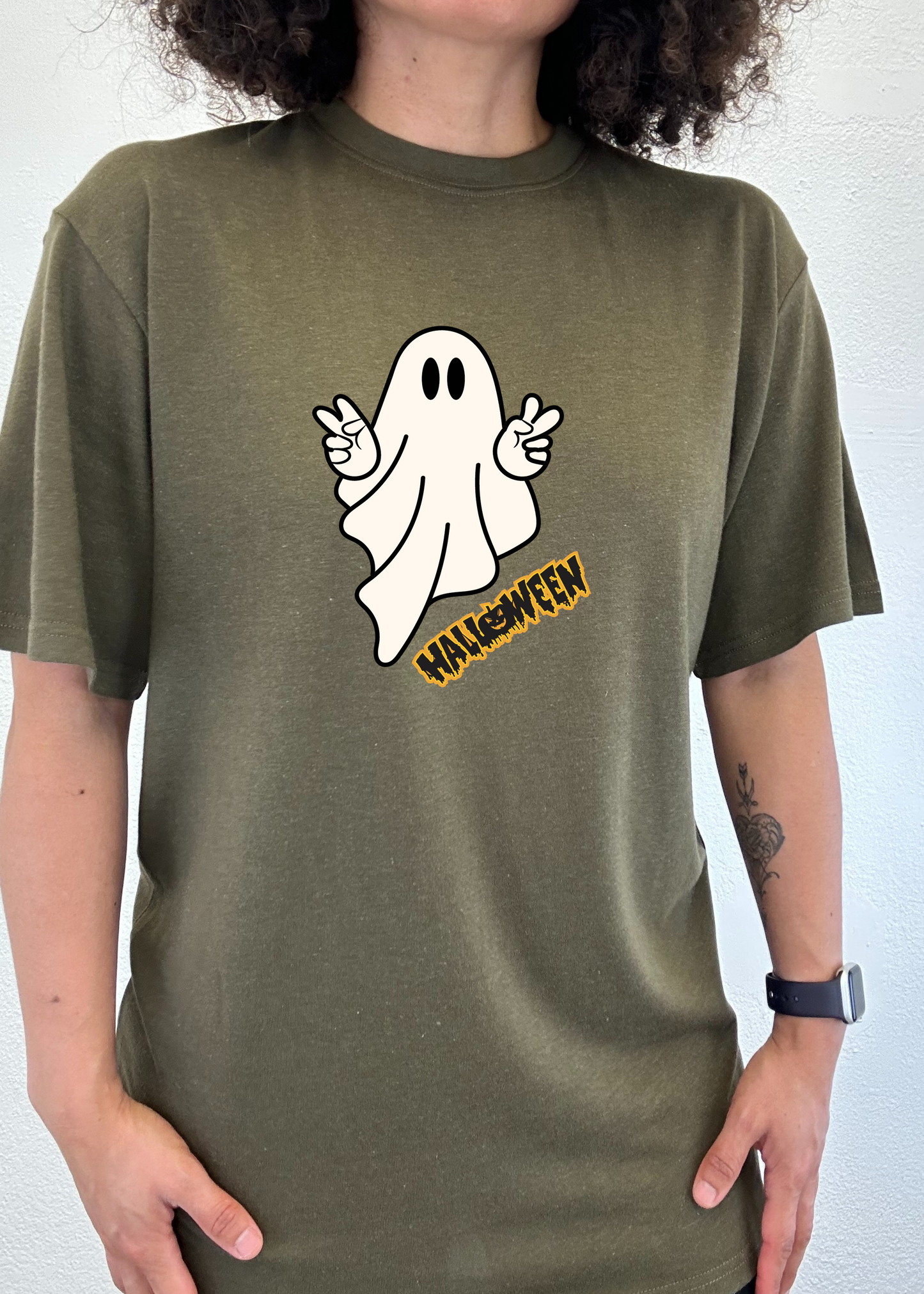 Halloween Ghost unisex bamboo viscose cotton graphic tee olive green with ghost and text on Tampa Home & Garden Store
