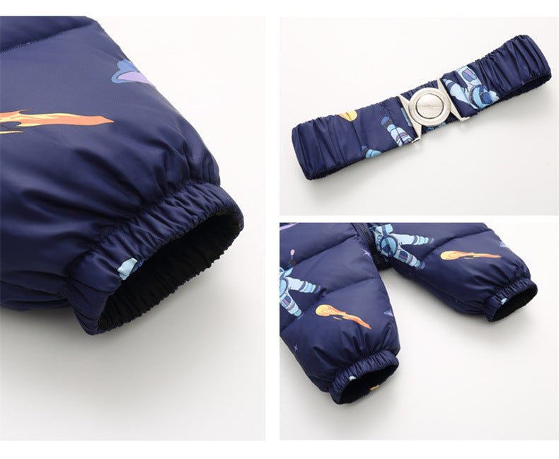 Baby snowsuit Stevvex navy blue with astronaut print, padded windproof jacket on Tampa Home & Garden Store