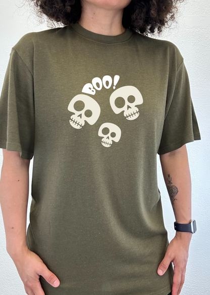 Spun Bamboo Halloween Boo graphic T-shirt, olive green short sleeve with three cream skulls on Tampa Home & Garden Store