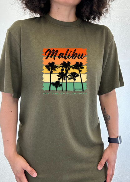 Malibu unisex bamboo tee olive green with palm silhouettes on sunset stripes by Spun Bamboo on Tampa Home & Garden Store
