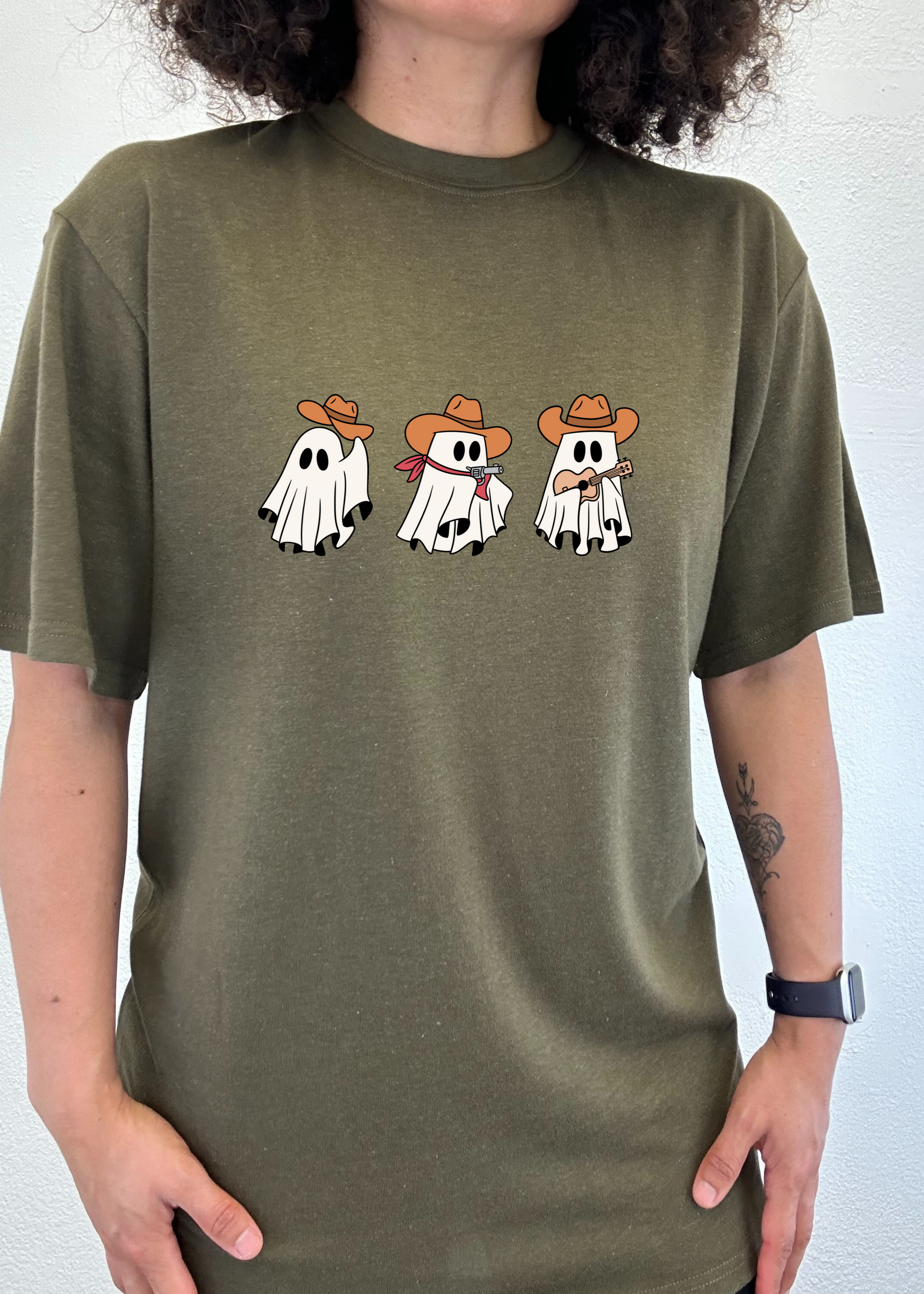 Cowboy Ghosts unisex graphic tee olive green Spun Bamboo with three ghost cowboys on Tampa Home & Garden Store