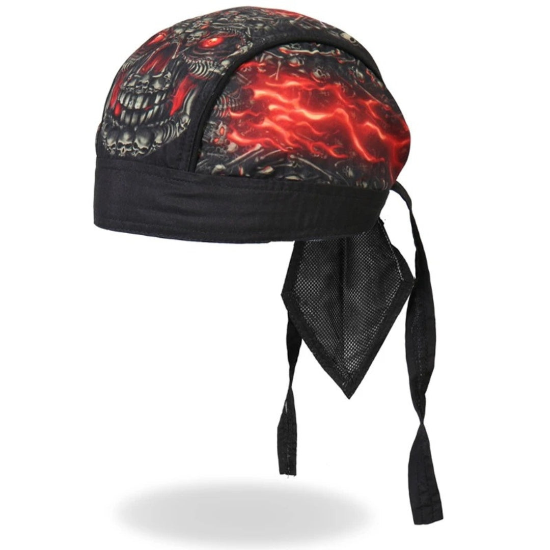 Motorcycle helmet balaclava with black base and red skull lava print by BikerZoneZ headwear on Tampa Home & Garden Store