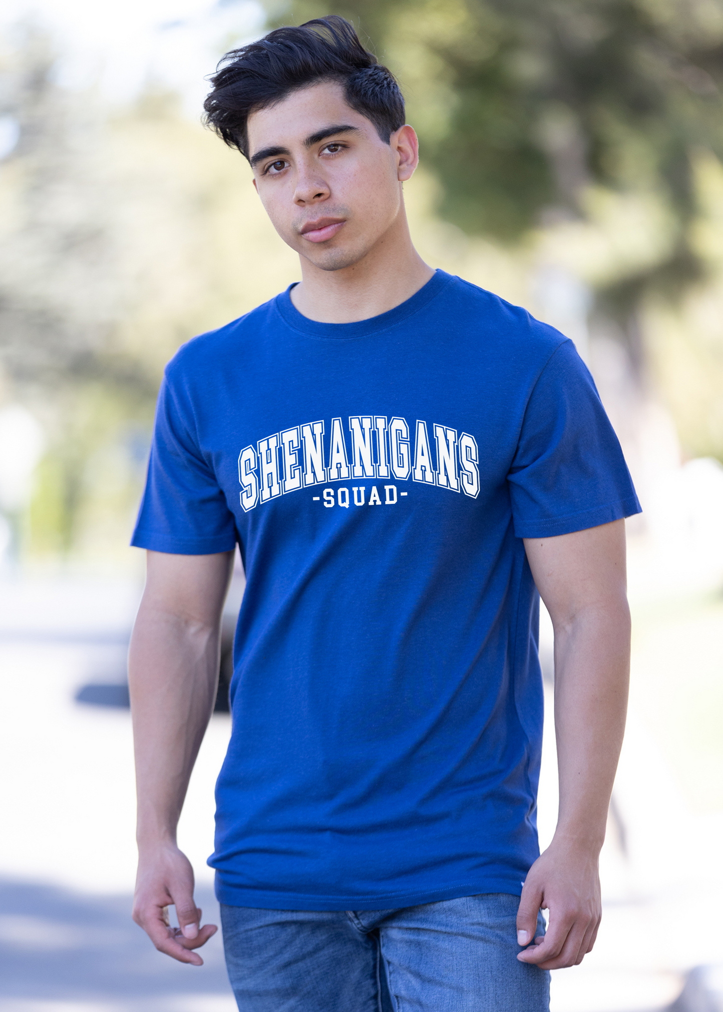 Mens printed Shenanigans Squad graphic T-shirt by Spun Bamboo, blue bamboo/cotton tee on Tampa Home & Garden Store