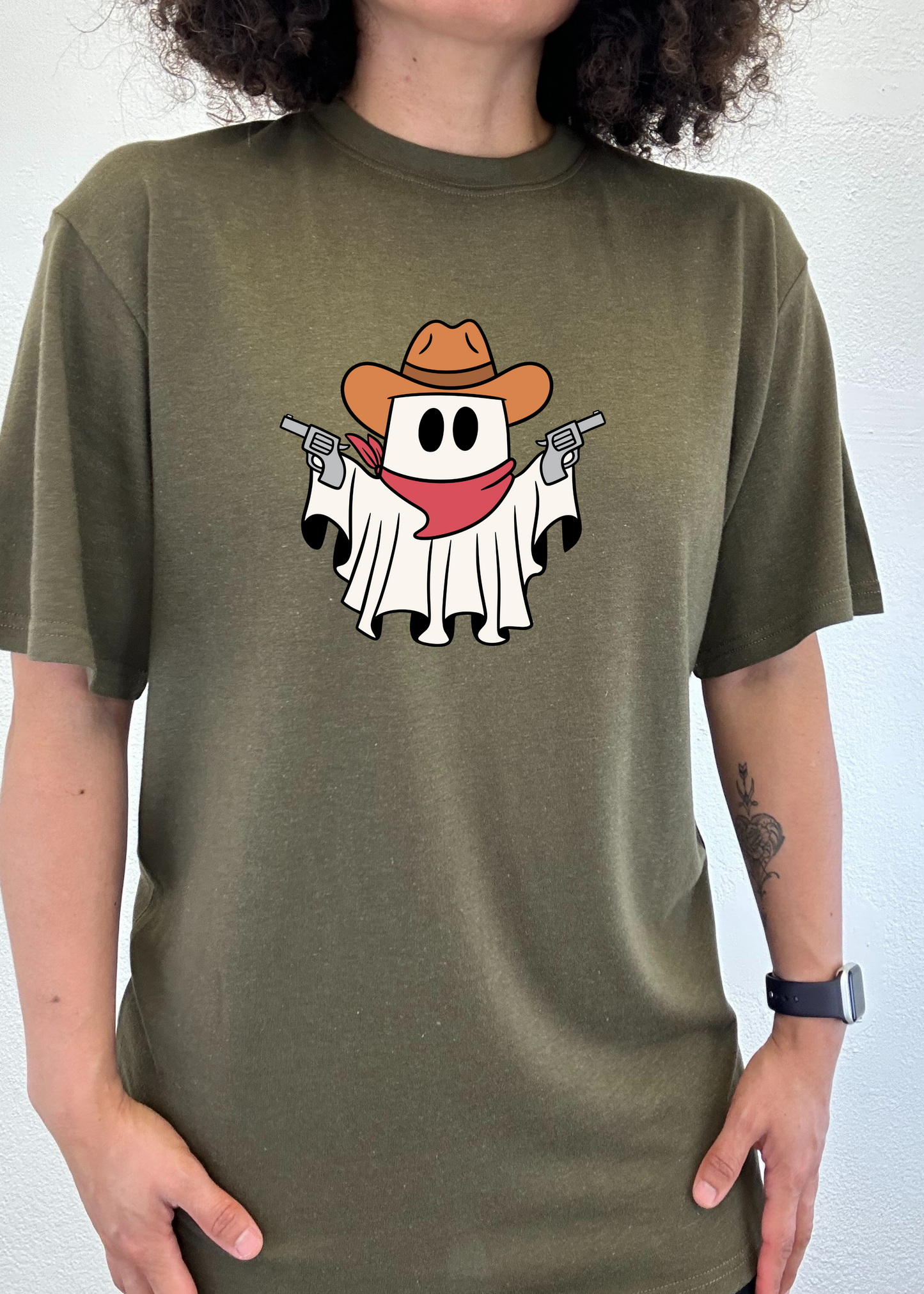 Cowboy Ghost unisex graphic tee in olive green bamboo viscose cotton by Spun Bamboo on Tampa Home & Garden Store