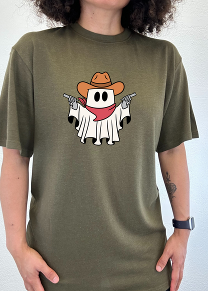 Cowboy Ghost unisex graphic tee in olive green bamboo viscose cotton by Spun Bamboo on Tampa Home & Garden Store