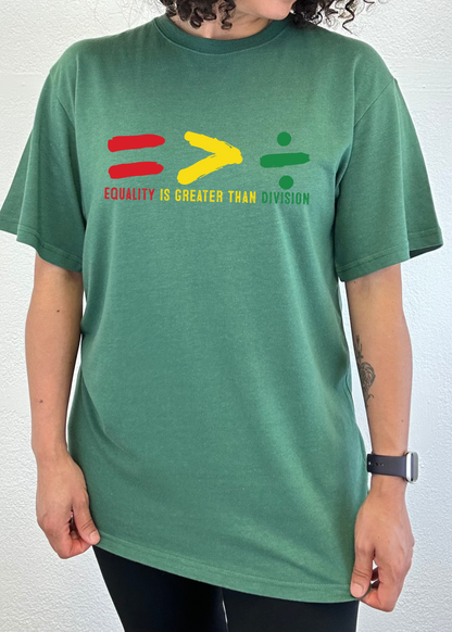 Mens Black History Month T-shirt in green with multicolor equality graphic by Spun Bamboo on Tampa Home & Garden Store