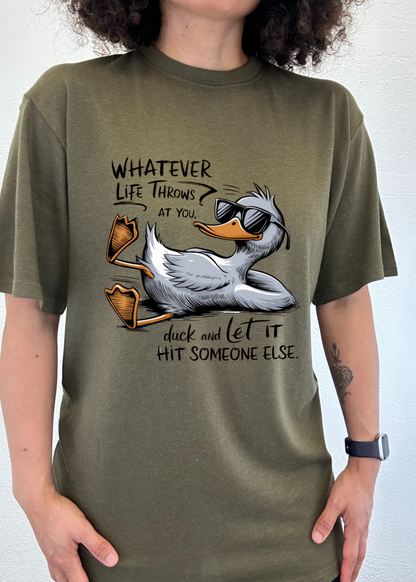 Unisex olive green bamboo/cotton graphic tee with sunglasses-wearing duck on Tampa Home & Garden Store