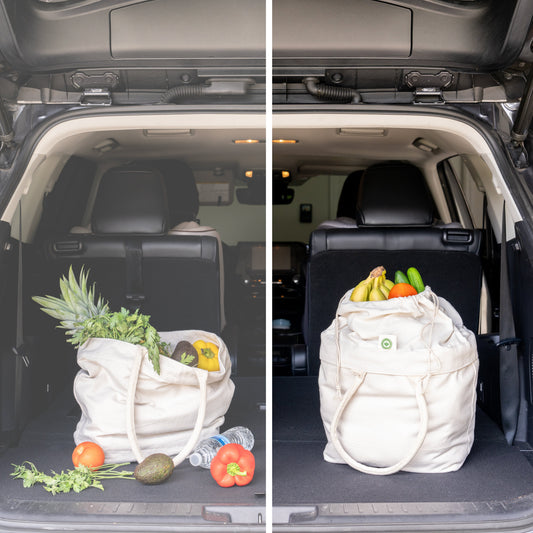 Canvas Tote with Drawstring by Organic Cotton Mart in beige, filled with produce in trunk on Tampa Home & Garden Store