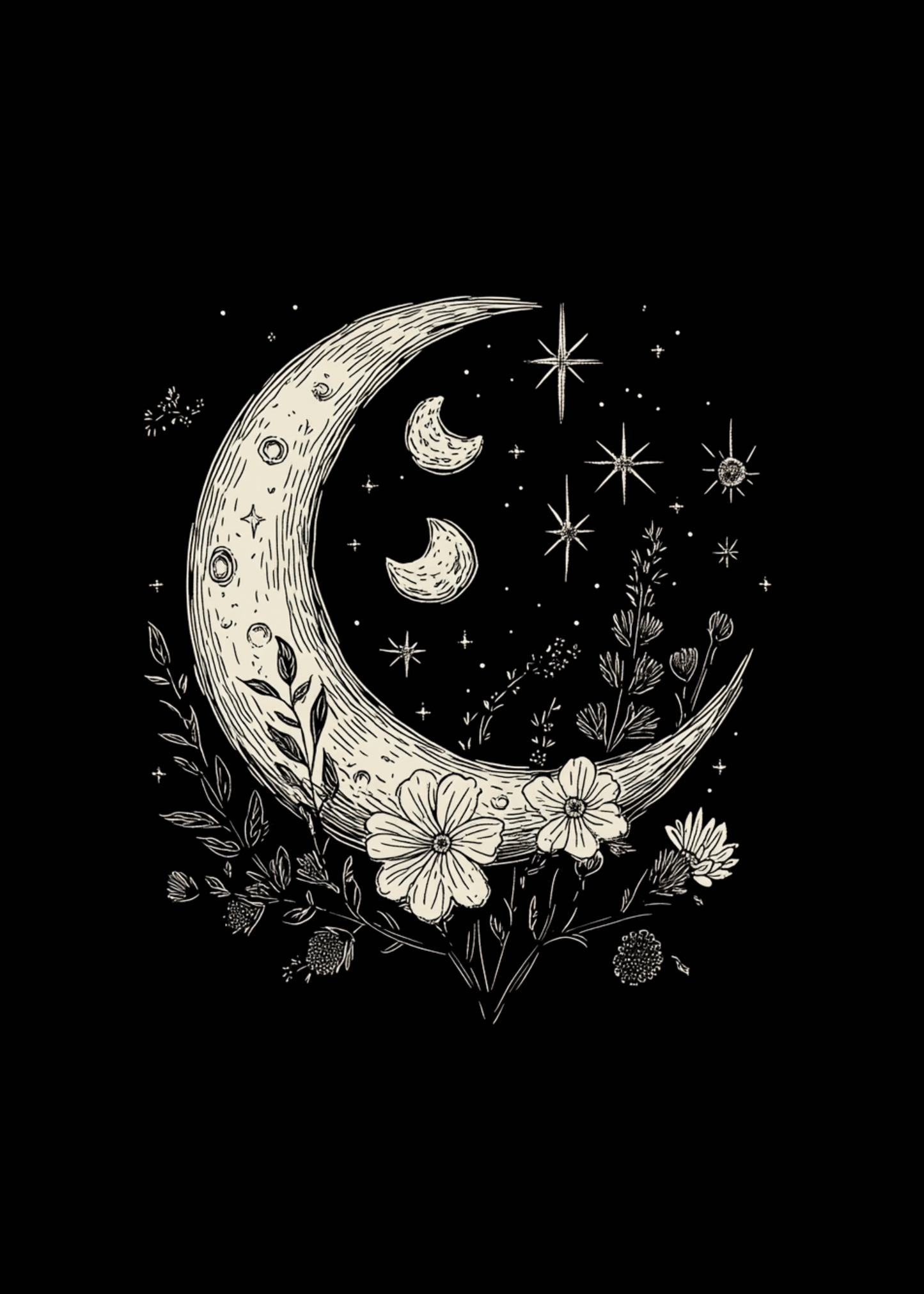Moons and Stars Boho Flowers T-Shirt cream moon floral print on black Spun Bamboo on Tampa Home & Garden Store