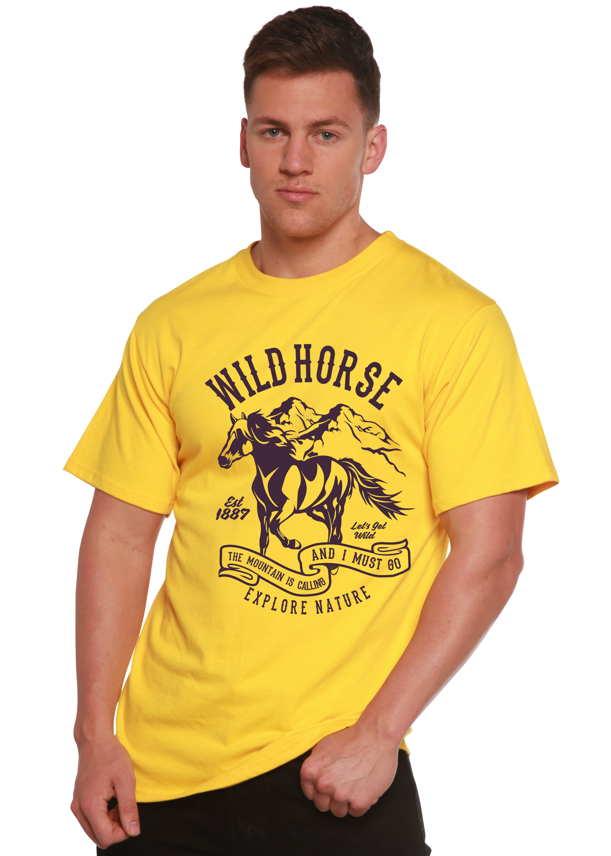 Men's yellow Spun Bamboo short sleeve graphic T-shirt with wild horse mountain print on Tampa Home & Garden Store