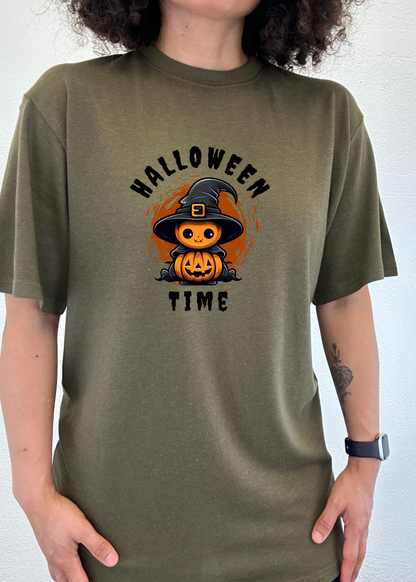 Unisex Halloween Time bamboo viscose/organic cotton tee in olive green with pumpkin witch hat on Tampa Home & Garden Store
