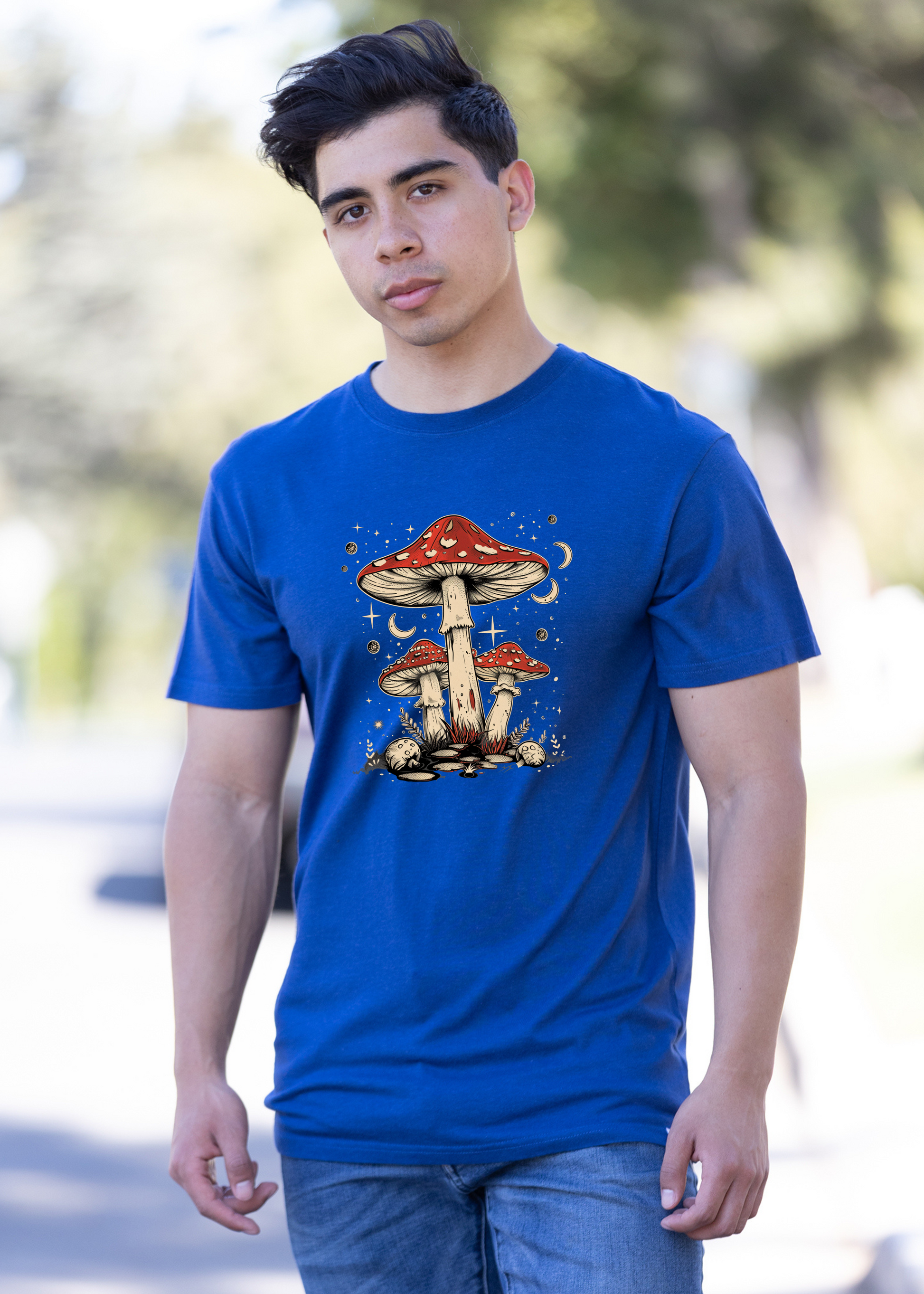 Mens blue bamboo/cotton graphic T-shirt with orange-red mushroom trio boho hippie design on Tampa Home & Garden Store