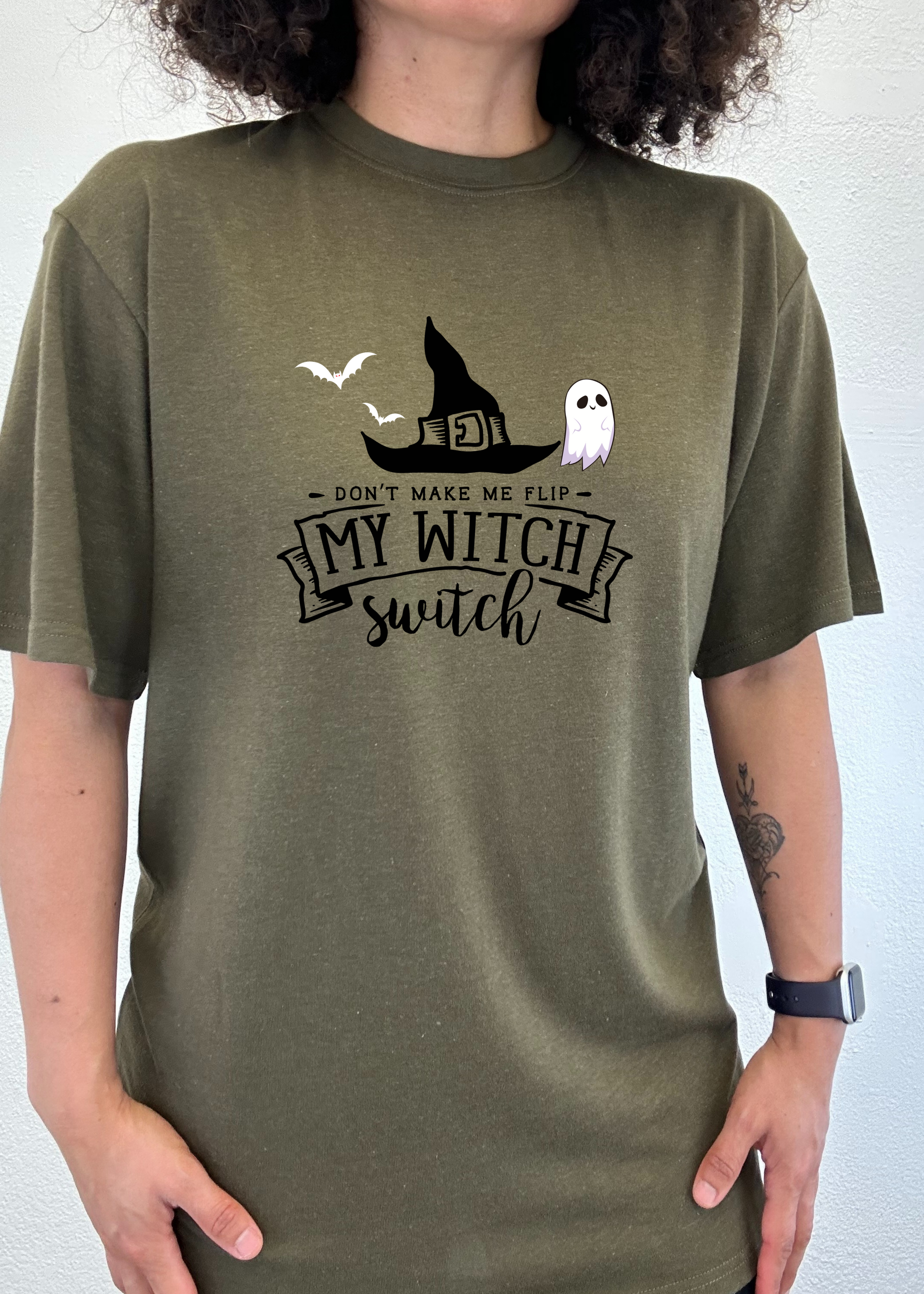 My Witch unisex bamboo tee olive green graphic with witch hat and ghost print by Spun Bamboo on Tampa Home & Garden Store