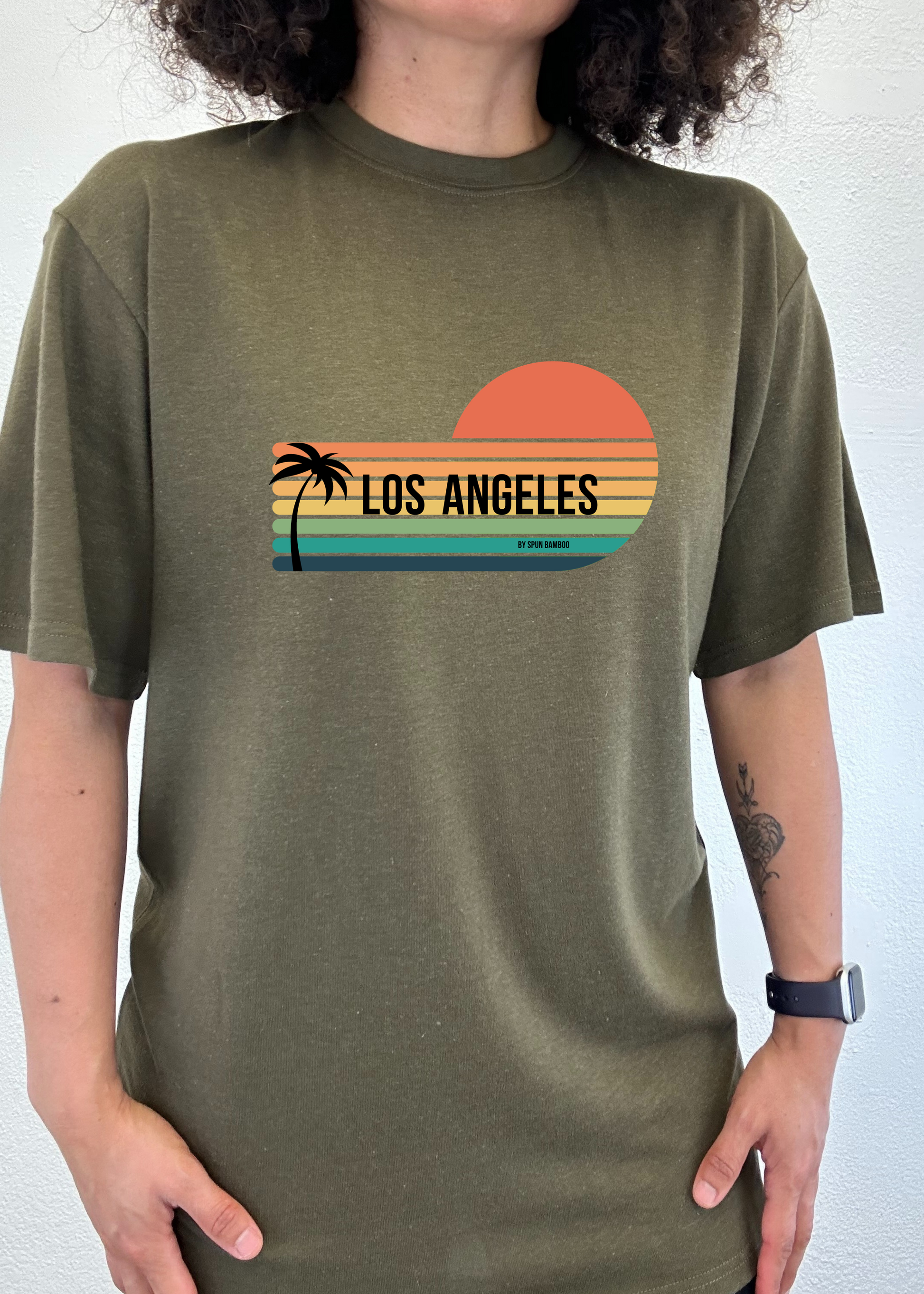 Los Angeles Spun Bamboo unisex short-sleeve graphic tee olive green with palm sunset stripes on Tampa Home & Garden Store