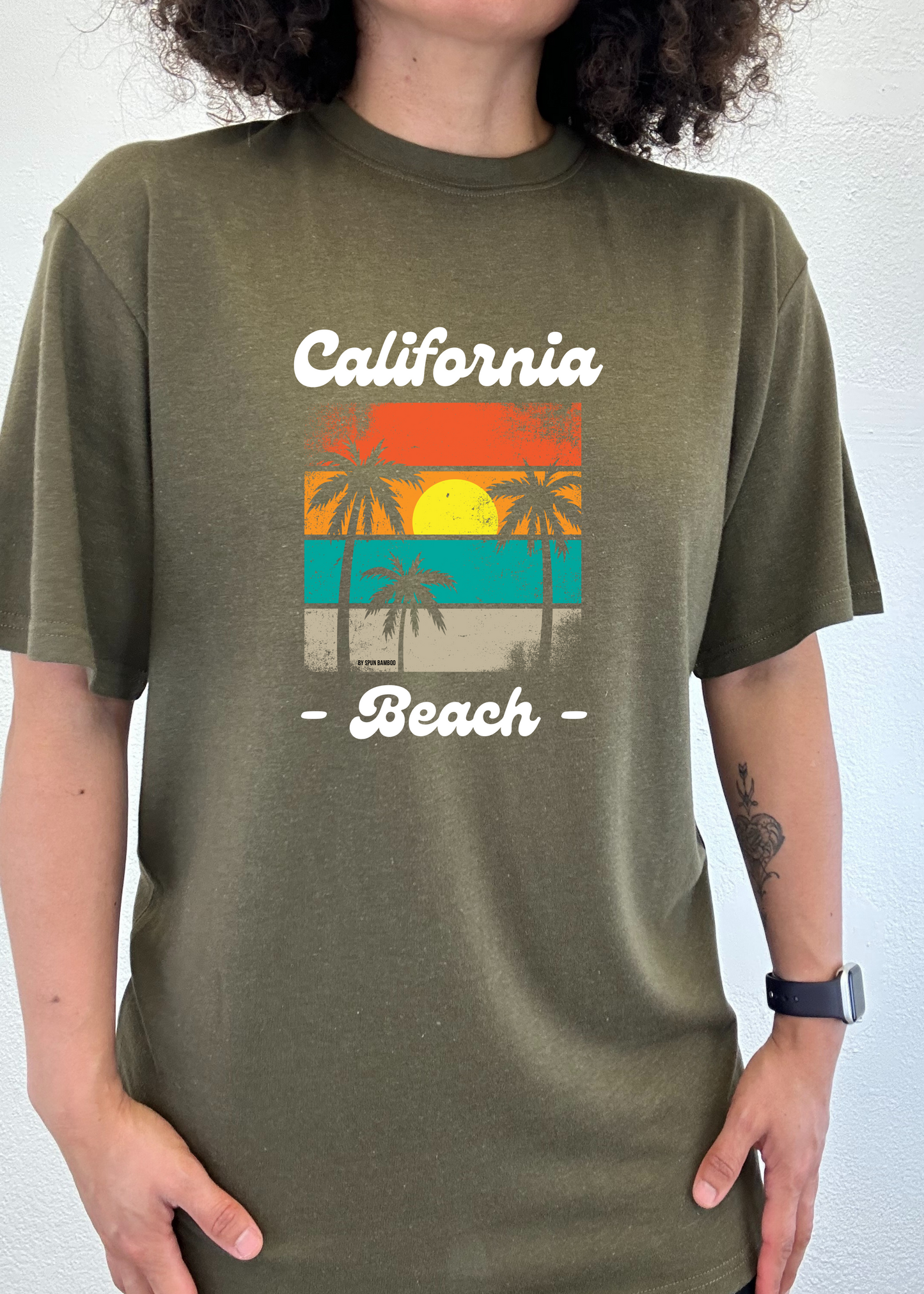 California Beach unisex bamboo tee with olive green color and palm sunset print by Spun Bamboo on Tampa Home & Garden Store