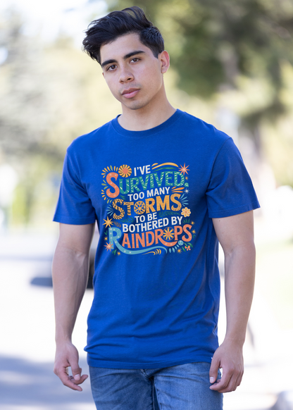 I've Survived Too Many Storms graphic T-shirt men's blue bamboo/cotton by Spun Bamboo on Tampa Home & Garden Store