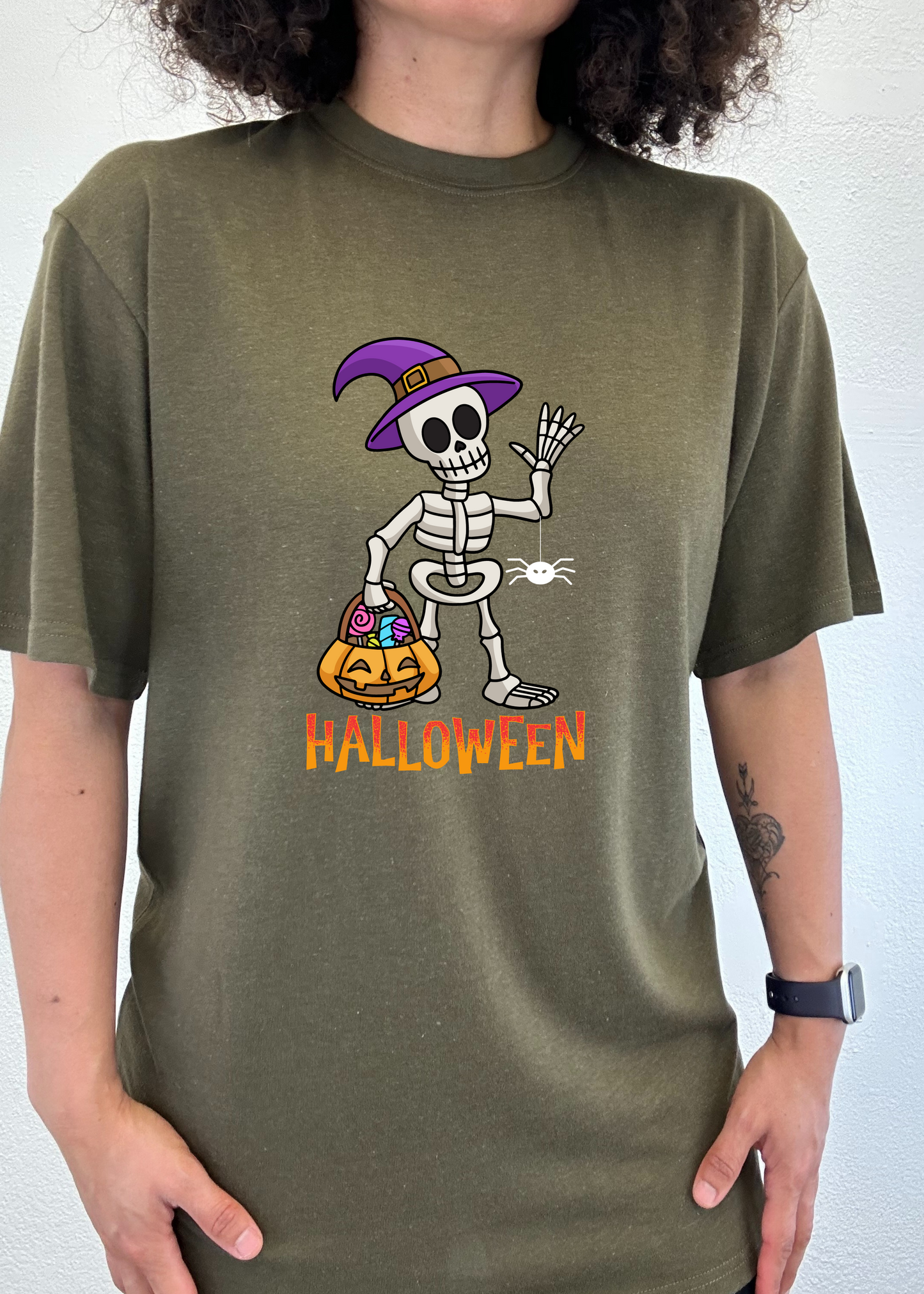 Happy Halloween Spun Bamboo graphic tee olive green skeleton purple witch hat pumpkin bucket on Tampa Home & Garden Store
