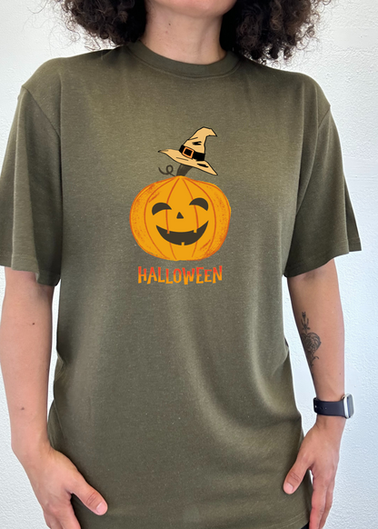 Halloween Pumpkin bamboo viscose/organic cotton tee in olive green with jack o lantern witch hat on Tampa Home & Garden Store