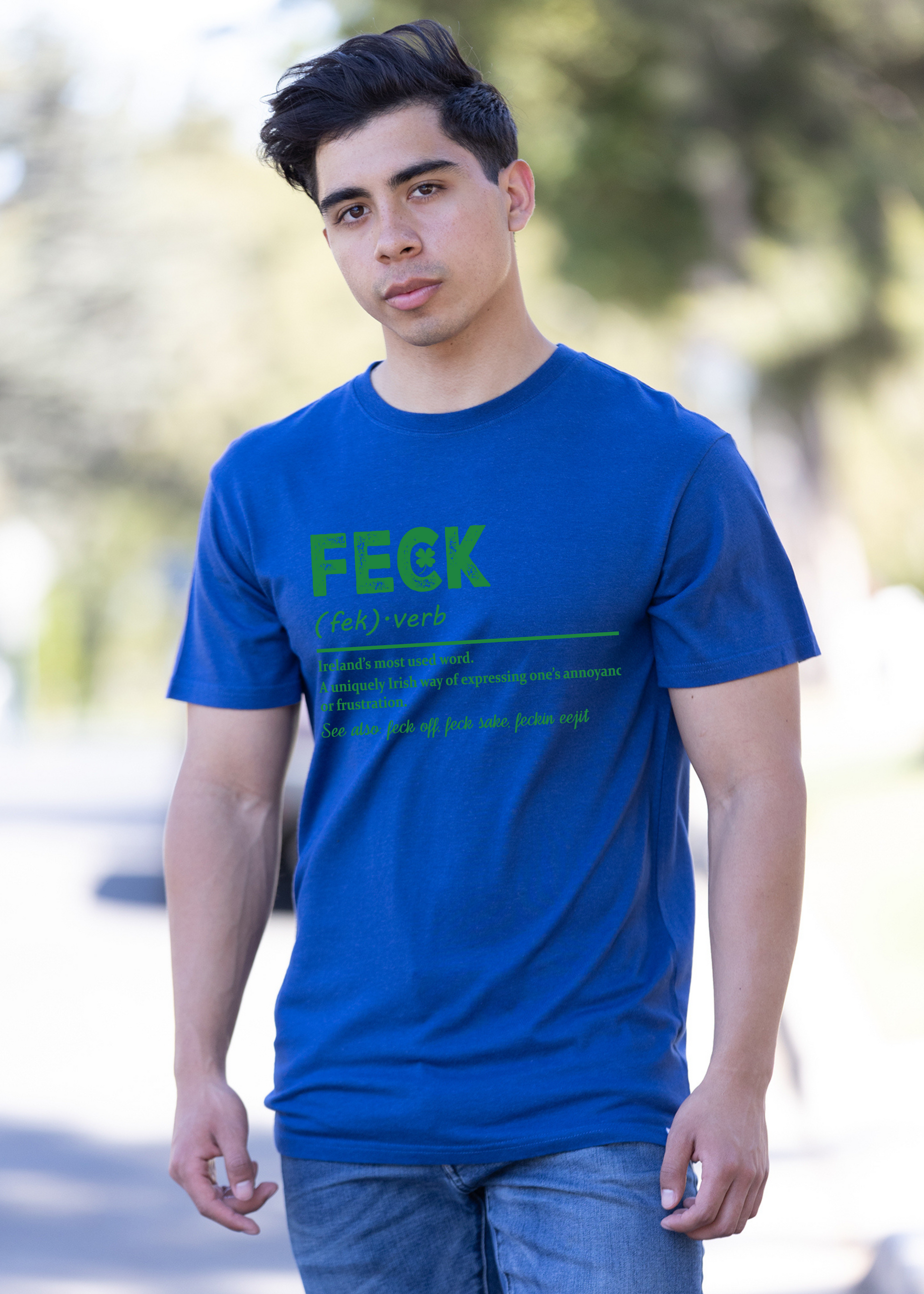 Feck Irish St Patricks Day unisex bamboo/cotton graphic T-shirt in blue by Spun Bamboo on Tampa Home & Garden Store