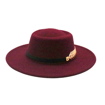 Stevvex burgundy felt fedora with black band and gold feather buckle, wide brim on Tampa Home & Garden Store