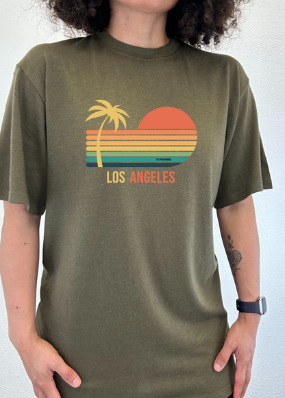 Los Angeles unisex bamboo viscose cotton graphic tee in olive with palm tree sunset stripes on Tampa Home & Garden Store