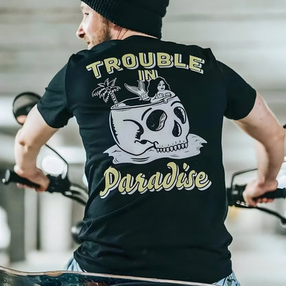 BikerZoneZ black cotton T-shirt with back skull island print and Trouble in Paradise print on Tampa Home & Garden Store