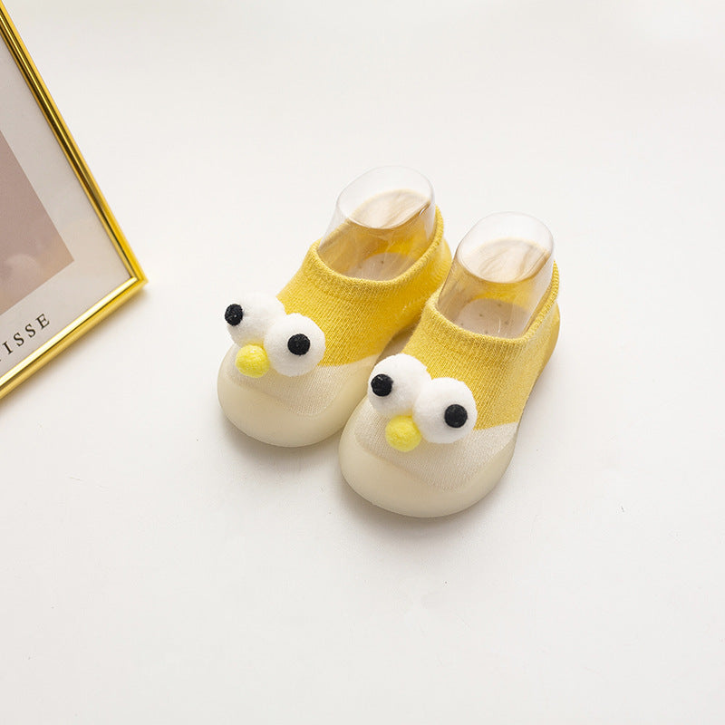 Stevvex yellow infant anti-slip slippers with white plush owl faces, cotton socks pair on Tampa Home & Garden Store