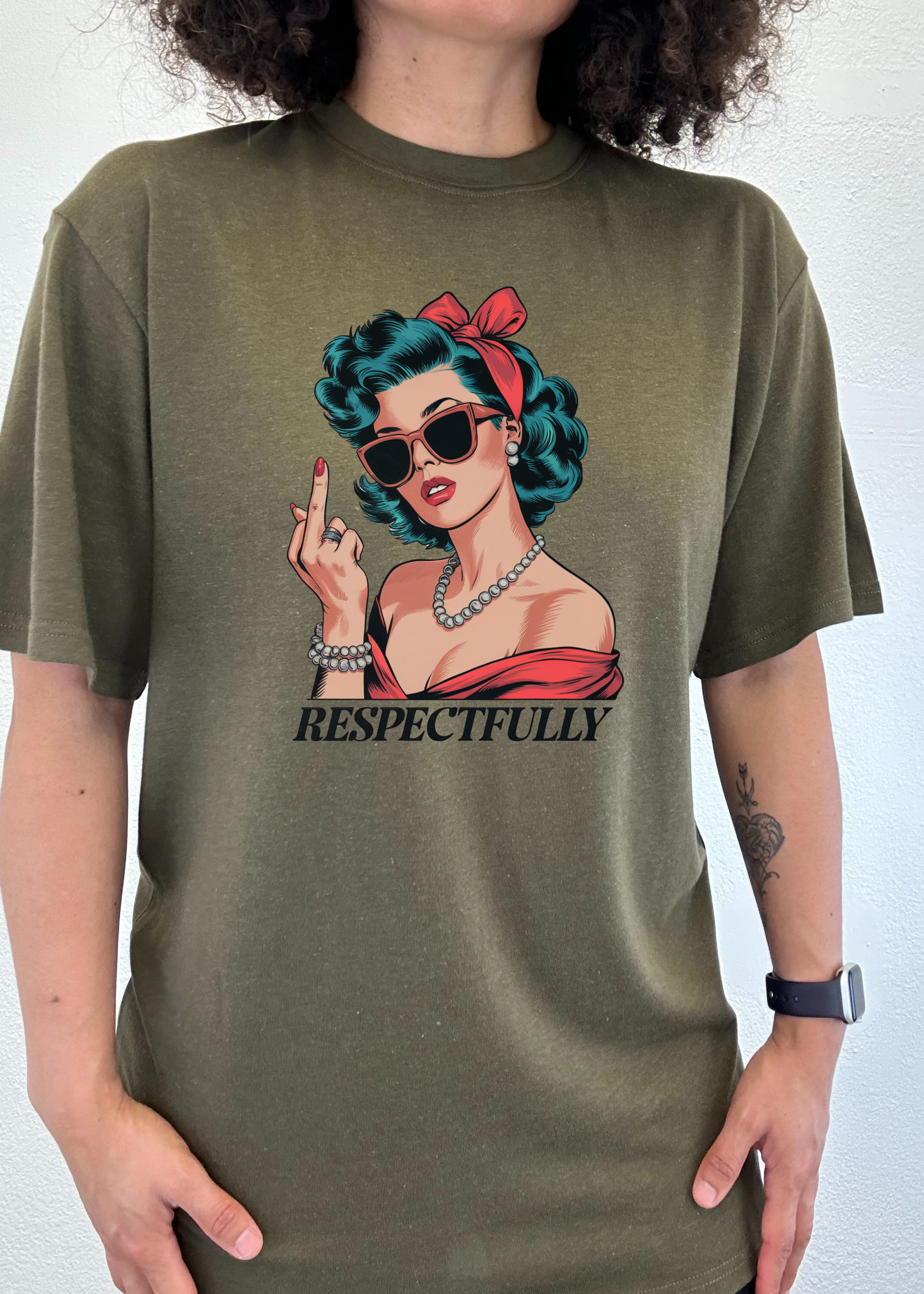 Respectfully Middle Finger Unisex Bamboo/Cotton Graphic T-Shirt olive with teal hair woman on Tampa Home & Garden Store