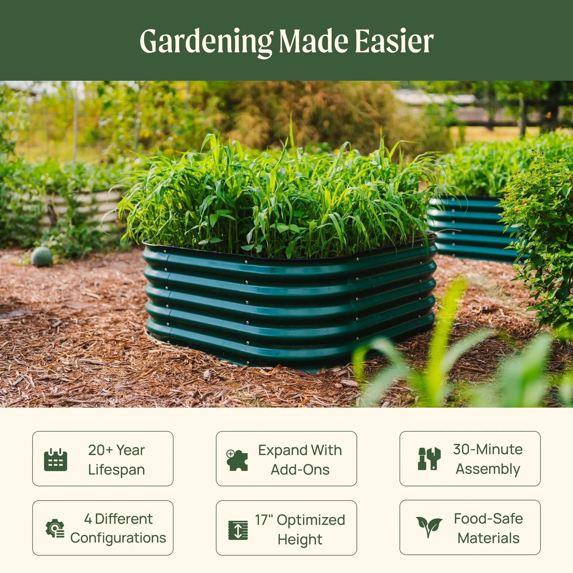 Vego Garden 17 Tall Raised Bed 4 In 1 Modular Metal green stacked planters with herbs in garden on Tampa Home & Garden Store