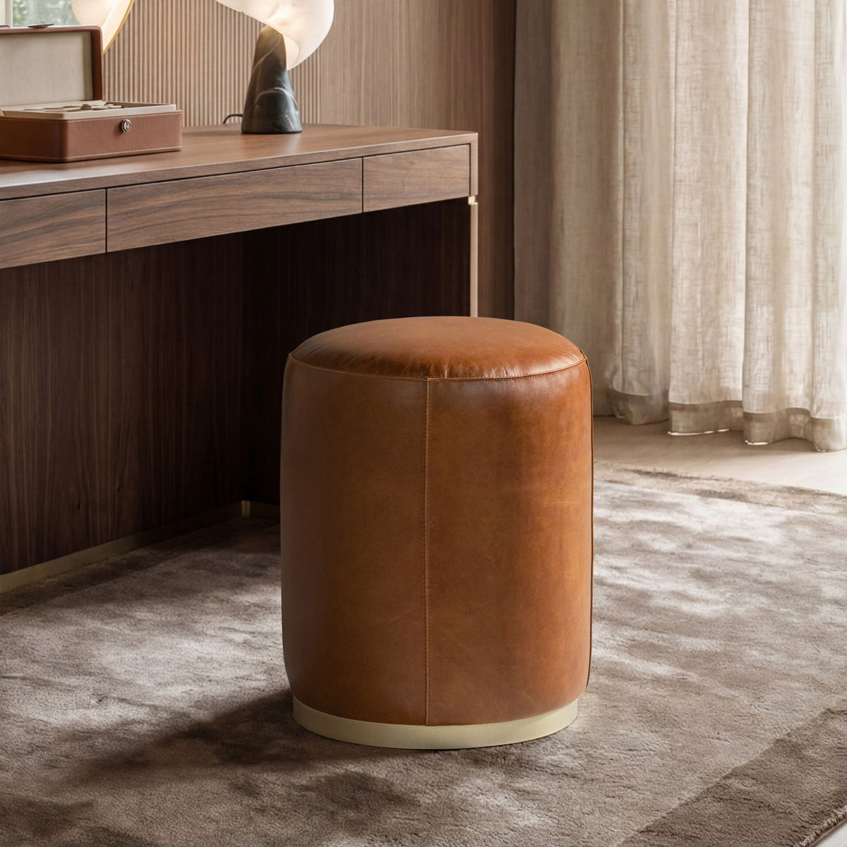 Brown leather round ottoman stool with brass base by HouseOfZazla storage ottomans on Tampa Home & Garden Store