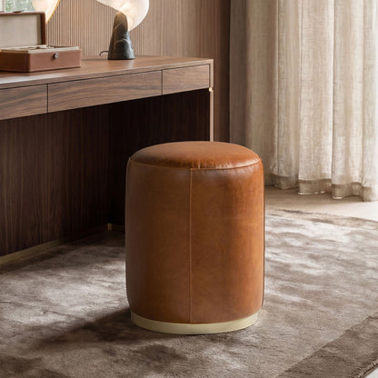 Brown leather round ottoman stool with brass base by HouseOfZazla storage ottomans on Tampa Home & Garden Store