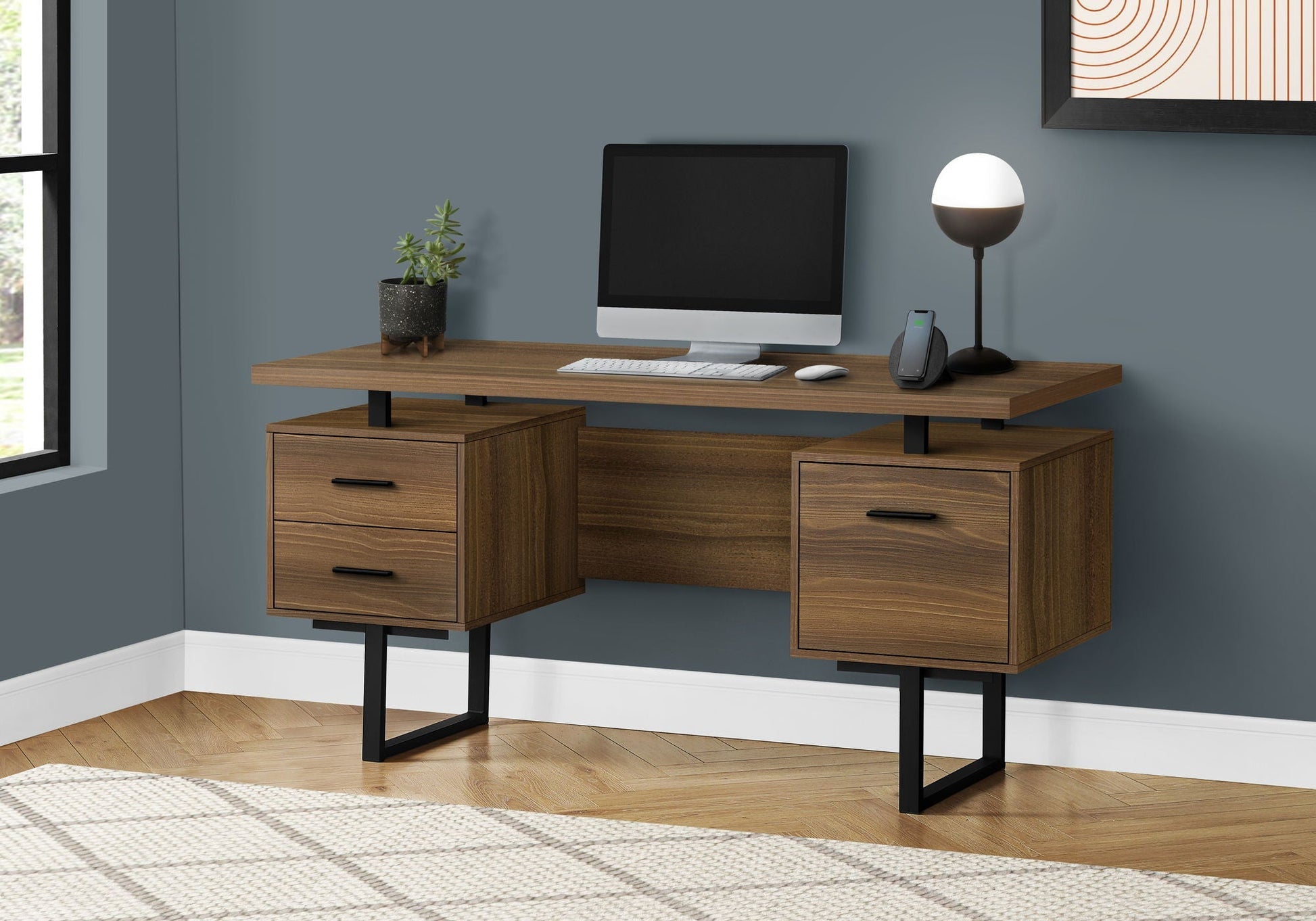 HouseOfZazla computer desk for home office with 5-drawer storage, wood finish, black metal legs on Tampa Home & Garden Store