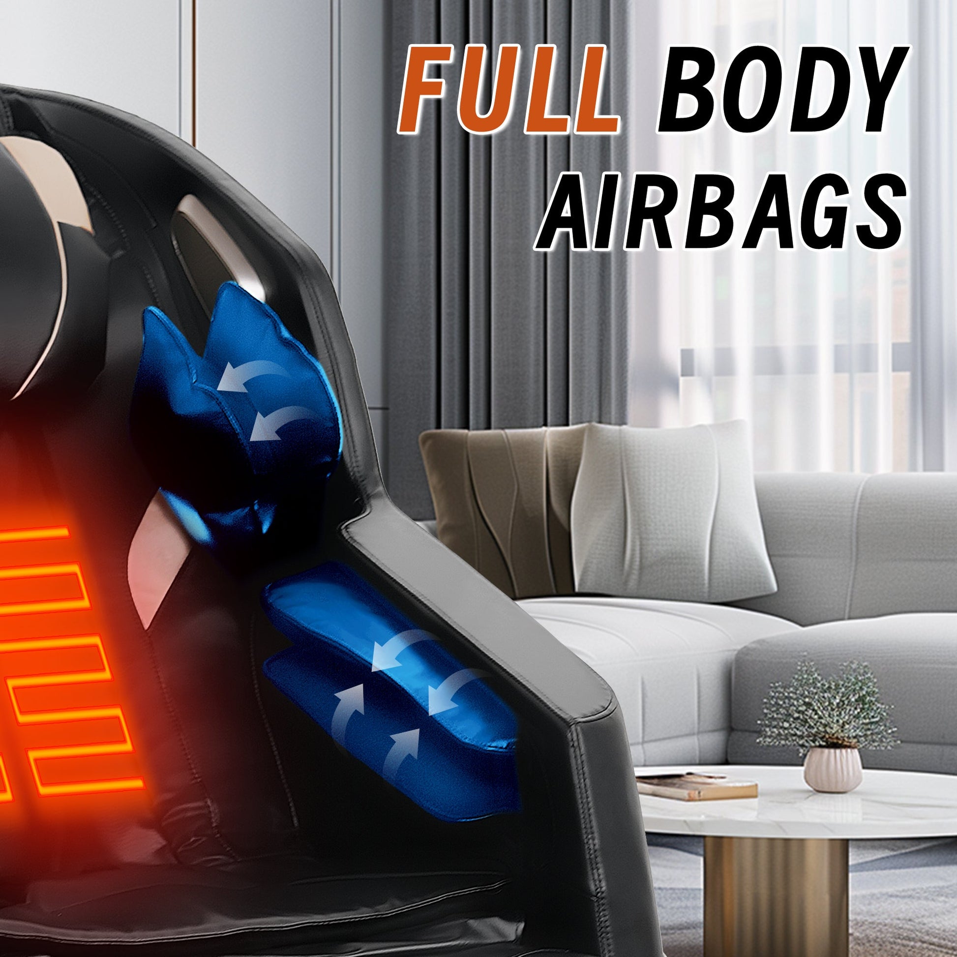 Massage Chair by HouseOfZazla, full-body recliner with Bluetooth speakers, black leather with blue accents on Tampa Home & Garden Store
