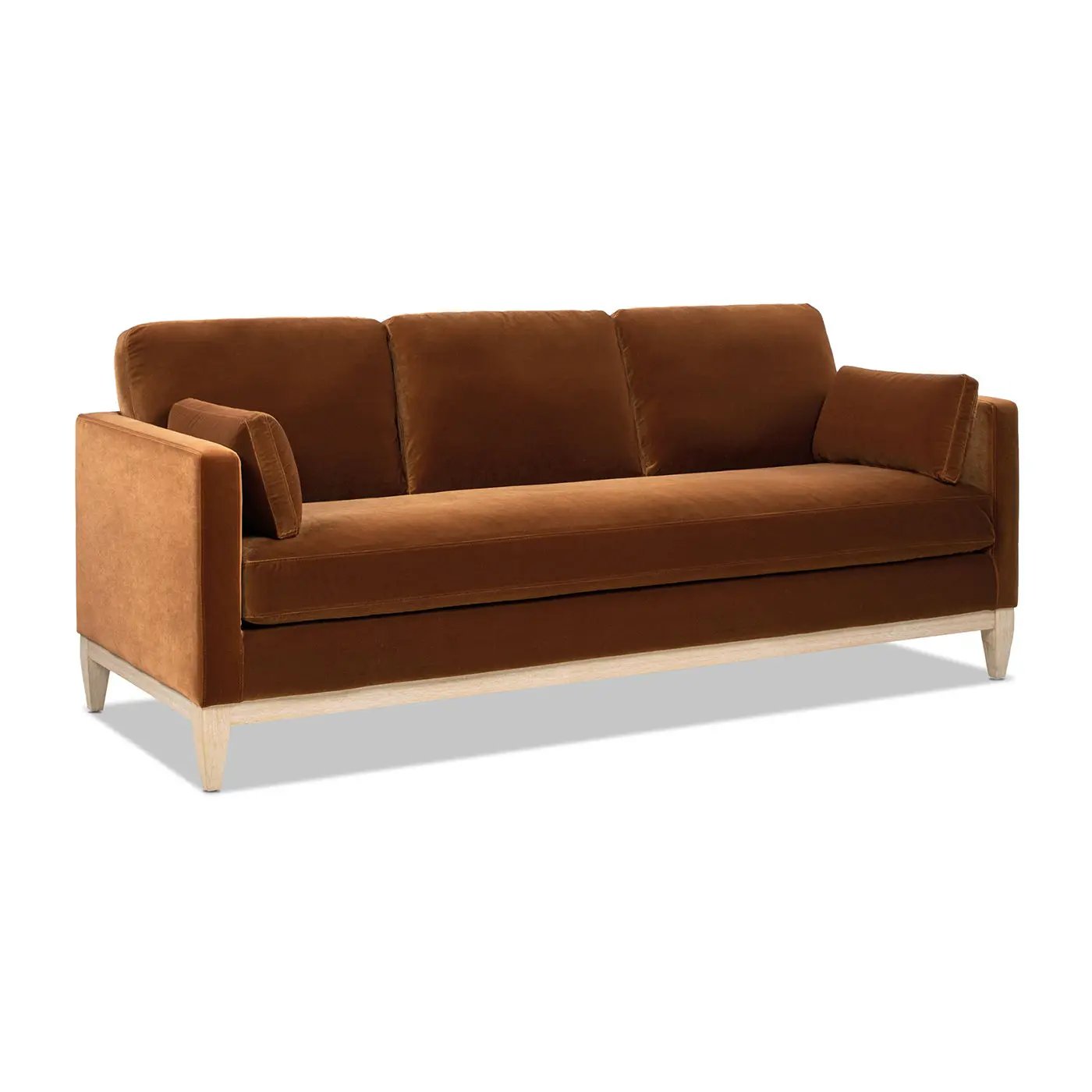 Knox Modern Farmhouse Sofa in warm brown velvet with light wood legs and three cushions on Tampa Home & Garden Store