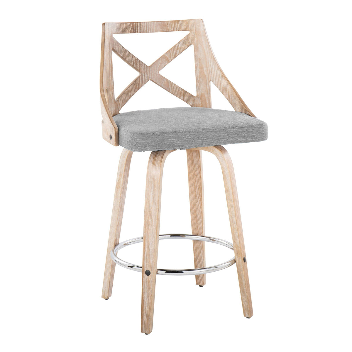 Farmhouse fixed-height counter stools set of 2 with gray fabric seats and natural wood backs on Tampa Home & Garden Store