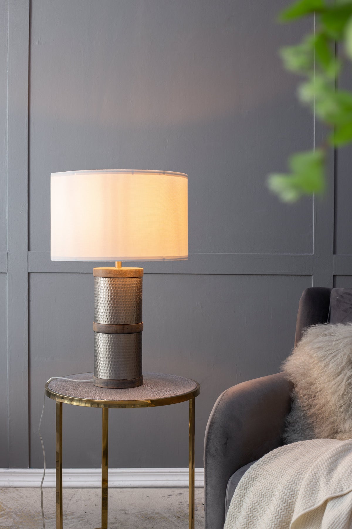D16x24.4 hammered iron table lamp with mango wood and ivory fabric shade on Tampa Home & Garden Store