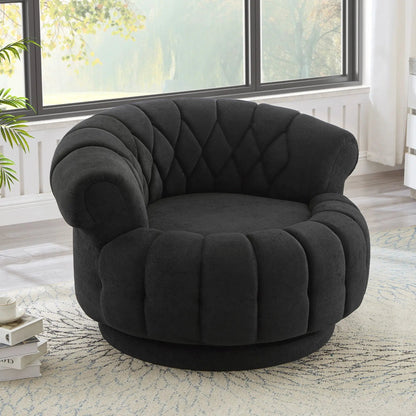 Black round tufted swivel accent chair with rotation in a cozy living room on Tampa Home & Garden Store