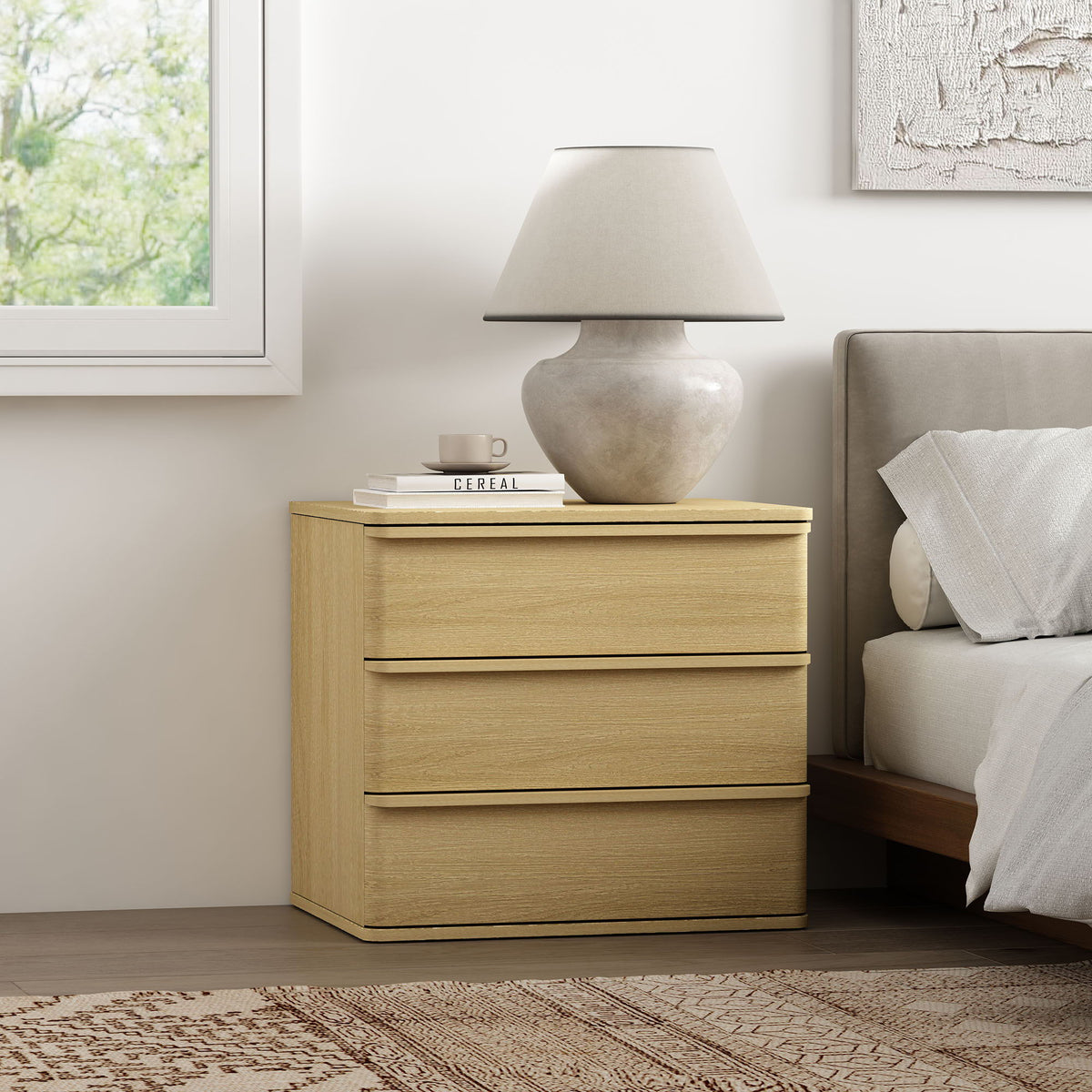 Oak Nightstand with Functional Storage - Three Drawers, natural oak finish bedside storage on Tampa Home & Garden Store
