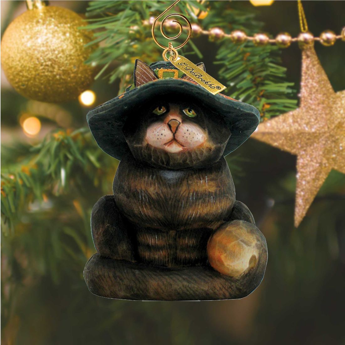 Fifield Halloween Cat Sculpted Hand-Painted Ornament by G. DeBrekht, brown cat in black hat on Tampa Home & Garden Store