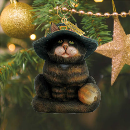 Fifield Halloween Cat Sculpted Hand-Painted Ornament by G. DeBrekht, brown cat in black hat on Tampa Home & Garden Store