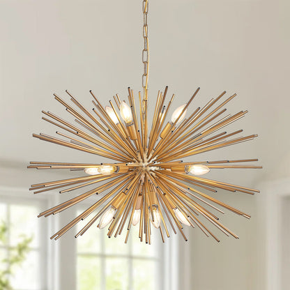 29in Mid-Century Modern 12-Light Starburst Chandelier gold metal with chain HouseOfZazla on Tampa Home & Garden Store