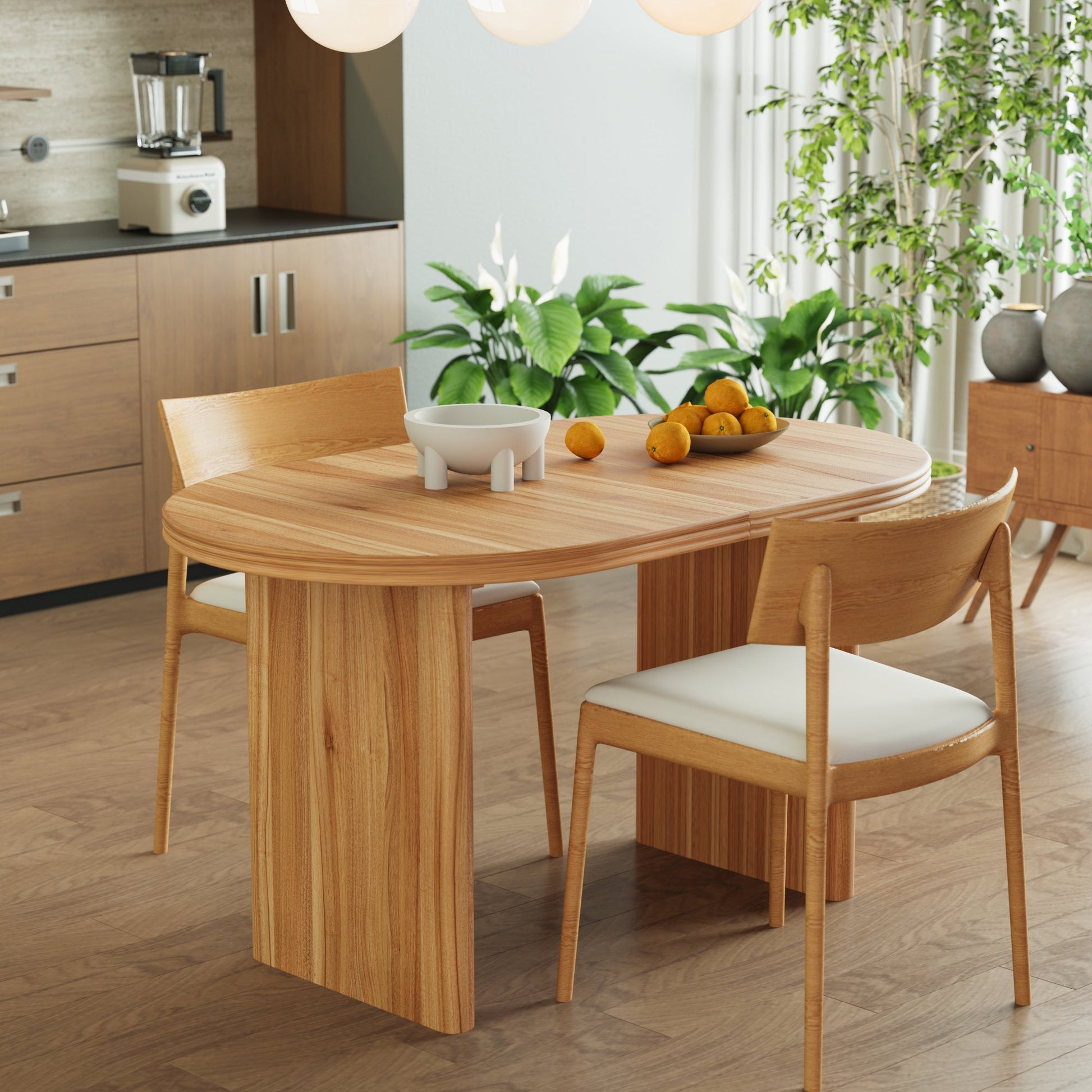 Modern extendable round dining table with removable leaves in warm wood finish on Tampa Home & Garden Store