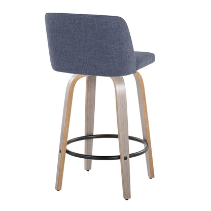 Toriano Contemporary Fixed Height Counter Stool blue fabric seat, wood legs, foot ring on Tampa Home & Garden Store
