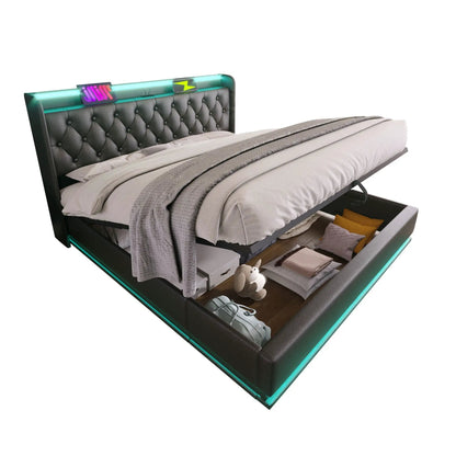 Upholstered storage bed with tufted headboard, 360 LED, hydraulic lift, USB-C charging on Tampa Home & Garden Store