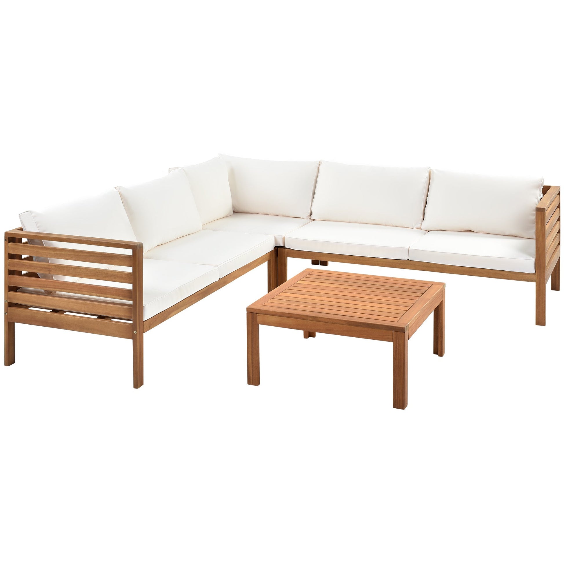 Wood Structure Outdoor Sofa Set by HouseOfZazla with beige cushions and a slatted wooden frame on Tampa Home & Garden Store