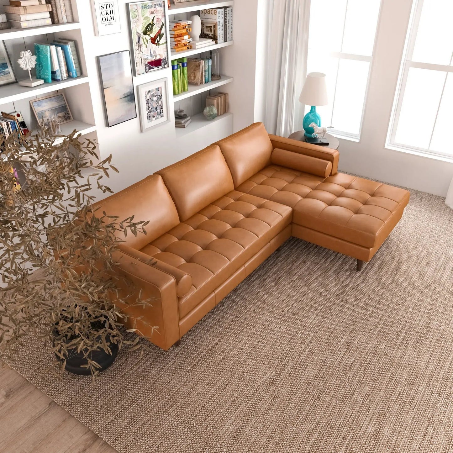 Anthony Corner Sectional Sofa by Unique Piece Furniture, tan leather, tufted cushions on Tampa Home & Garden Store