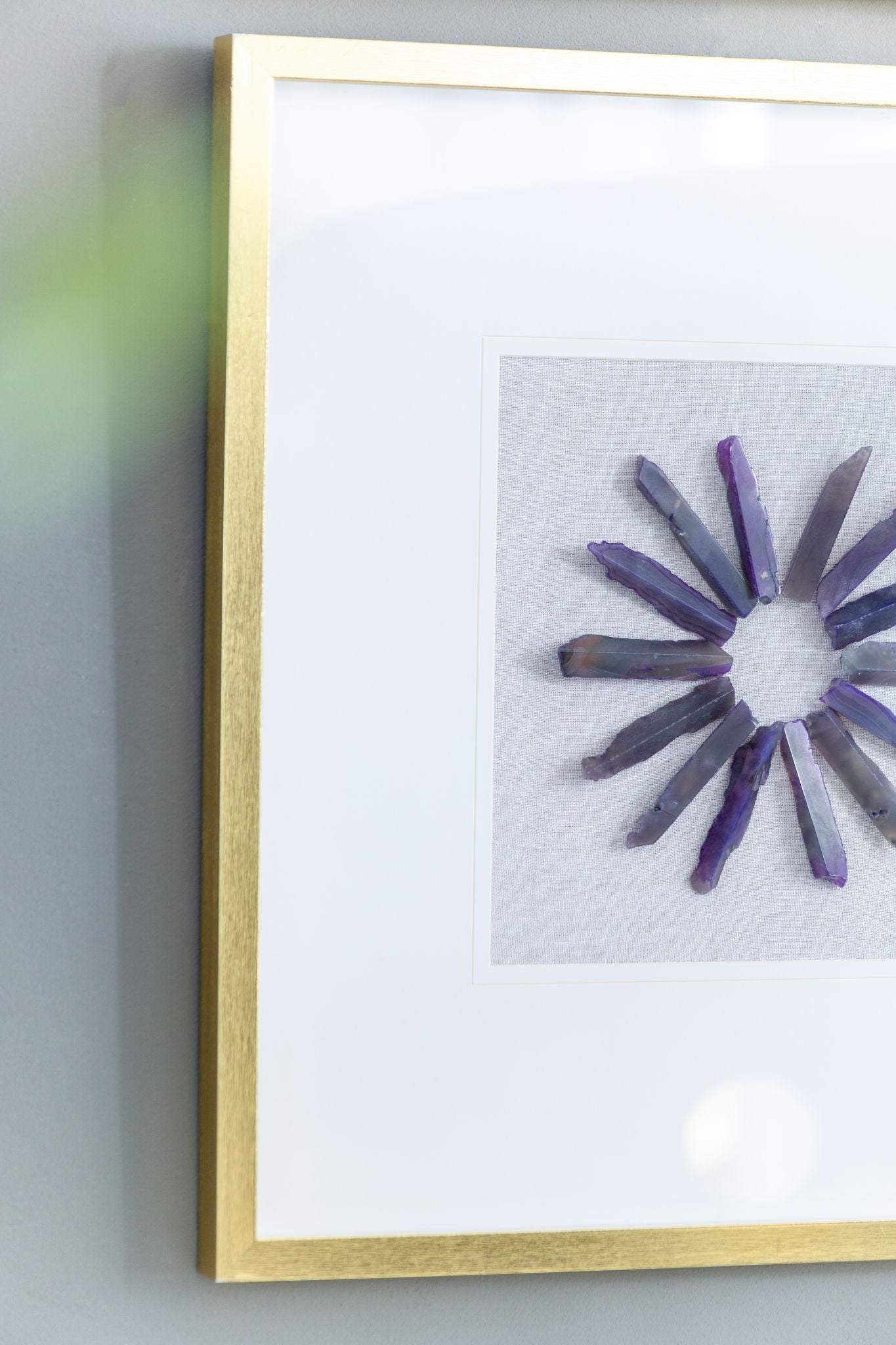 Grace Purple Agate Shadow Box Wall Art with sunburst of purple agate slices in a white mat on Tampa Home & Garden Store