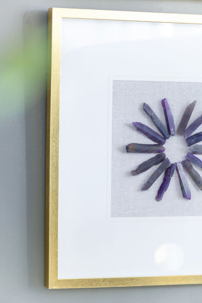 Grace Purple Agate Shadow Box Wall Art with sunburst of purple agate slices in a white mat on Tampa Home & Garden Store
