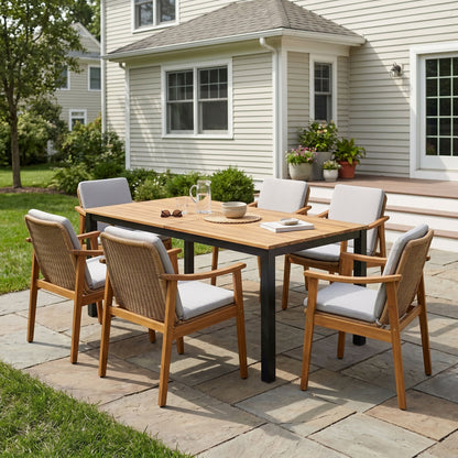 7-Piece Outdoor Patio Dining Set by HouseOfZazla with teak wood table and woven wicker chairs, light gray cushions on Tampa Home & Garden Store