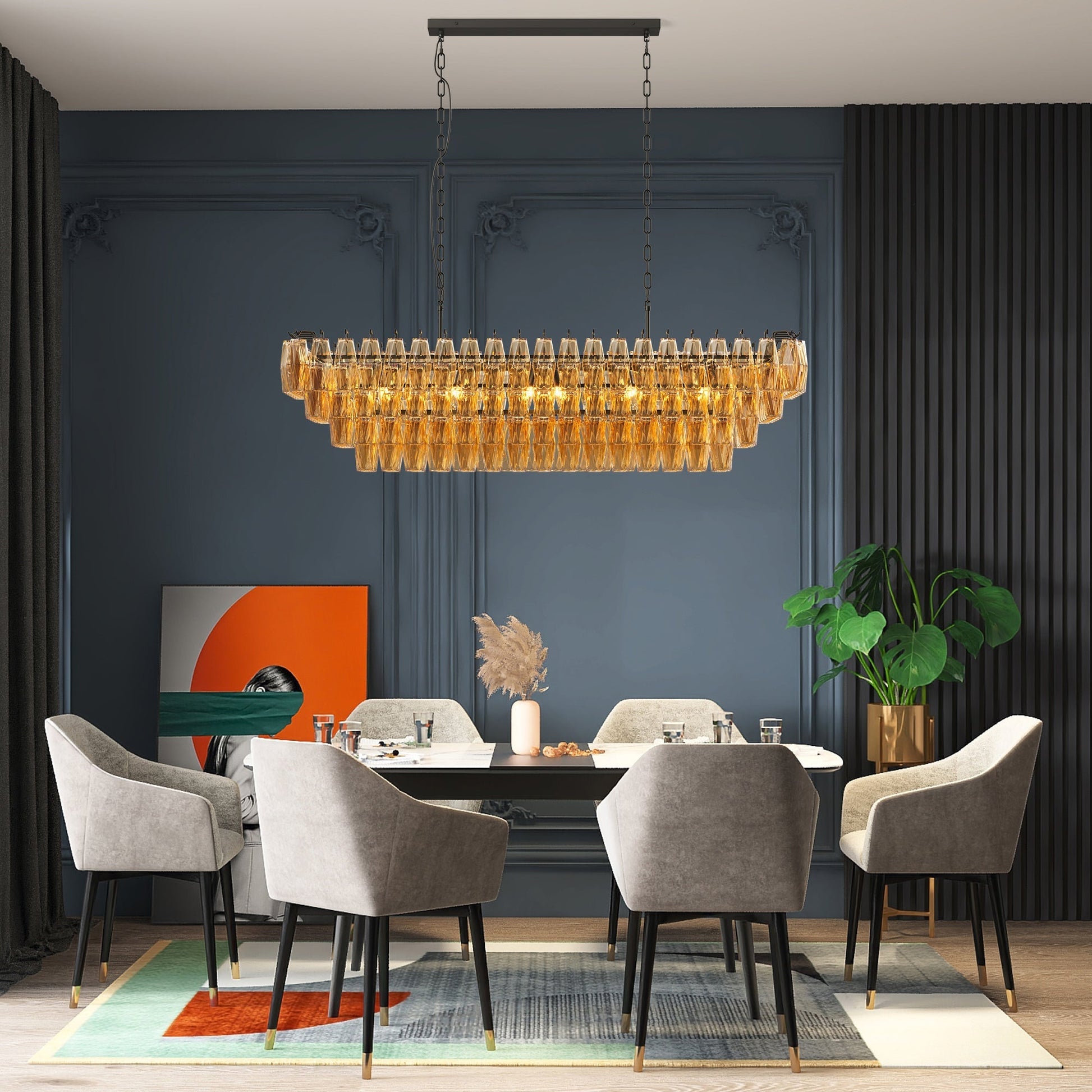 54-Inch black rectangular 12-light smoke glass chandelier with metal chains for dining room on Tampa Home & Garden Store